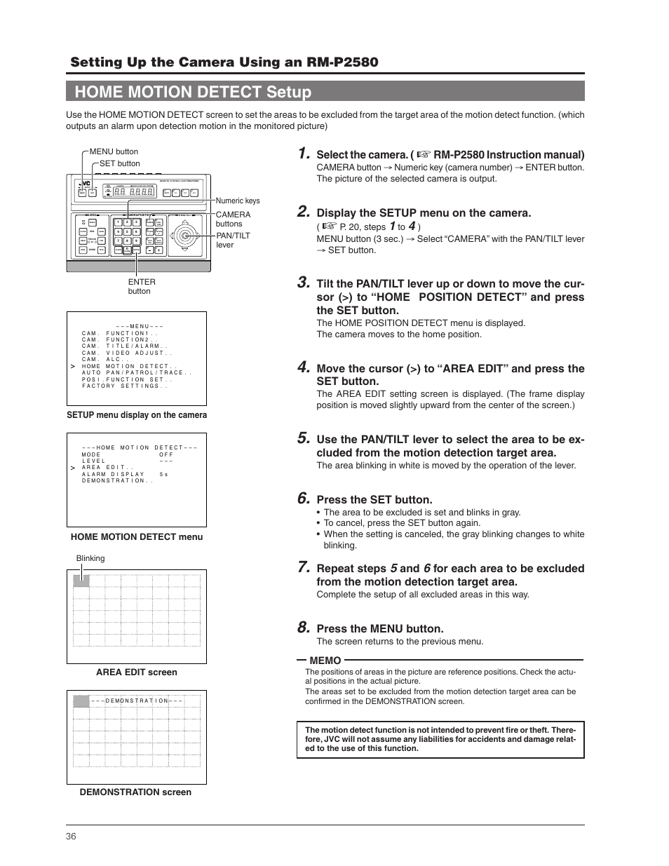 Home motion detect setup, Setting up the camera using an rm-p2580, Select the camera | Rm-p2580 instruction manual), Display the setup menu on the camera, Press the set button, Repeat steps, Press the menu button, P. 20, steps, The screen returns to the previous menu | JVC TK-C655 User Manual | Page 36 / 48