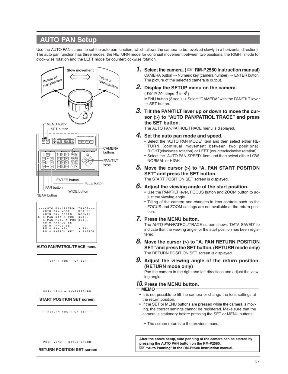 Auto pan setup, Select the camera, Rm-p2580 instruction manual) | Display the setup menu on the camera, Set the auto pan mode and speed, Adjust the viewing angle of the start position, Press the menu button, P. 20, steps, The auto pan/patrol/trace menu is displayed, The start position set screen is displayed | JVC TK-C655 User Manual | Page 37 / 48