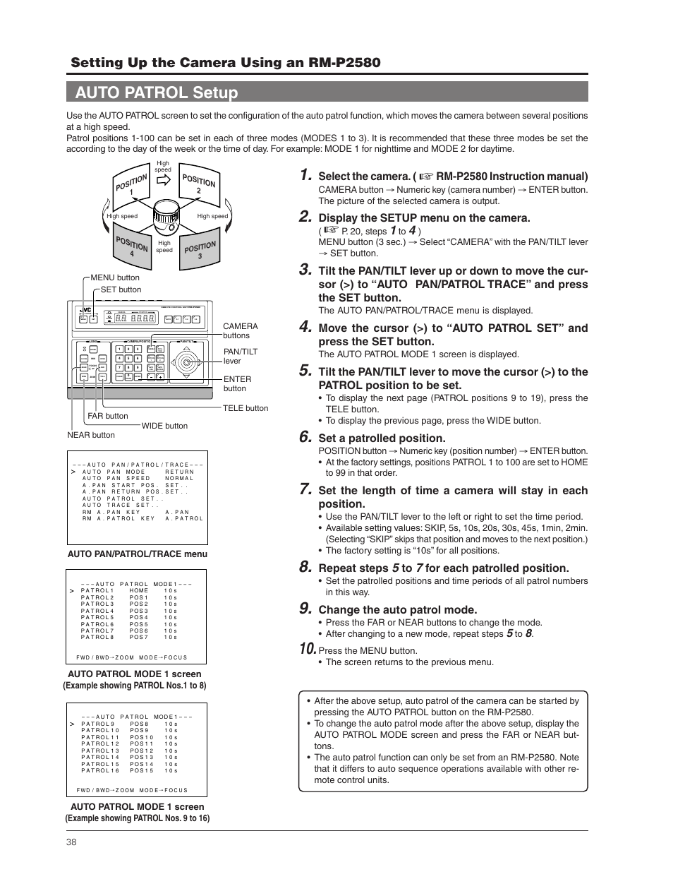 Auto patrol setup, Setting up the camera using an rm-p2580, Select the camera | Rm-p2580 instruction manual), Display the setup menu on the camera, Set a patrolled position, Repeat steps, For each patrolled position, Change the auto patrol mode, P. 20, steps | JVC TK-C655 User Manual | Page 38 / 48