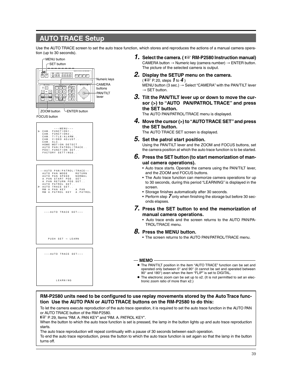 Auto trace setup, Select the camera, Rm-p2580 instruction manual) | Display the setup menu on the camera, Set the patrol start position, Press the menu button, P. 20, steps, The auto pan/patrol/trace menu is displayed, The auto trace set screen is displayed | JVC TK-C655 User Manual | Page 39 / 48