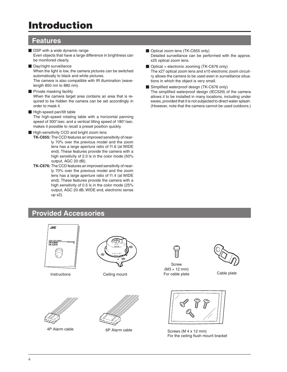 Introduction, Provided accessories features | JVC TK-C655 User Manual | Page 4 / 48