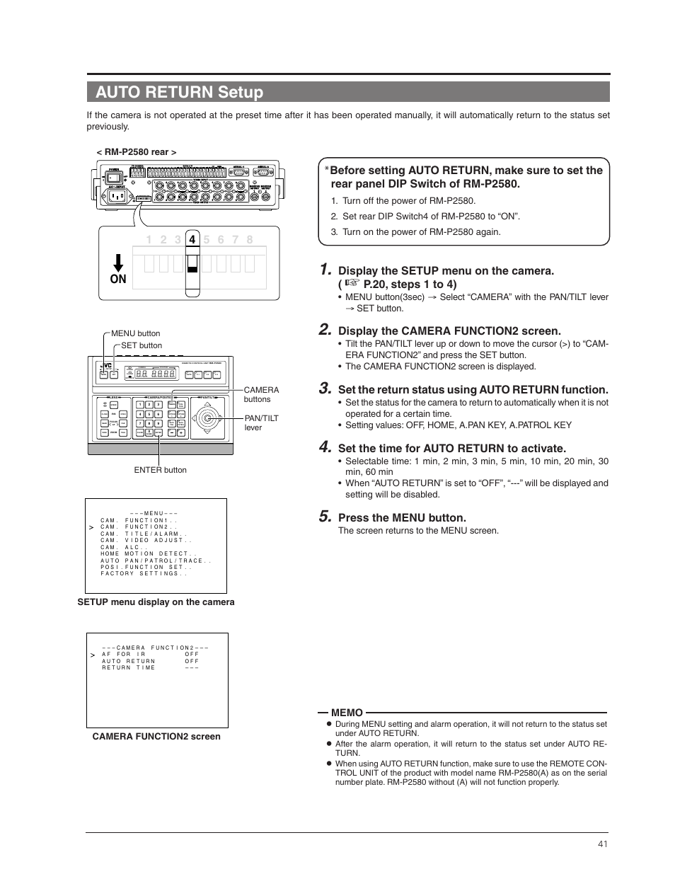 Auto return setup, Display the setup menu on the camera, P.20, steps 1 to 4) | Display the camera function2 screen, Set the return status using auto return function, Set the time for auto return to activate, Press the menu button, Rm-p2580 rear, Setup menu display on the camera, Camera function2 screen | JVC TK-C655 User Manual | Page 41 / 48