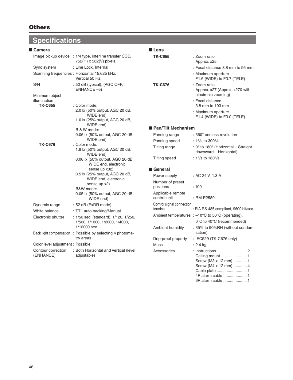 Specifications, Others | JVC TK-C655 User Manual | Page 46 / 48