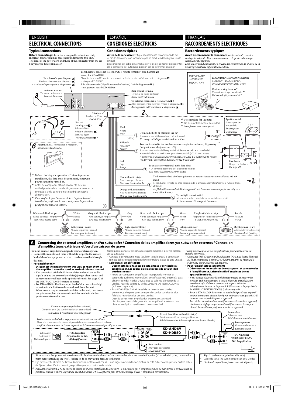 Electrical connections, Conexiones electricas, Raccordements electriques | English español français | JVC KD-AHD69 User Manual | Page 3 / 4
