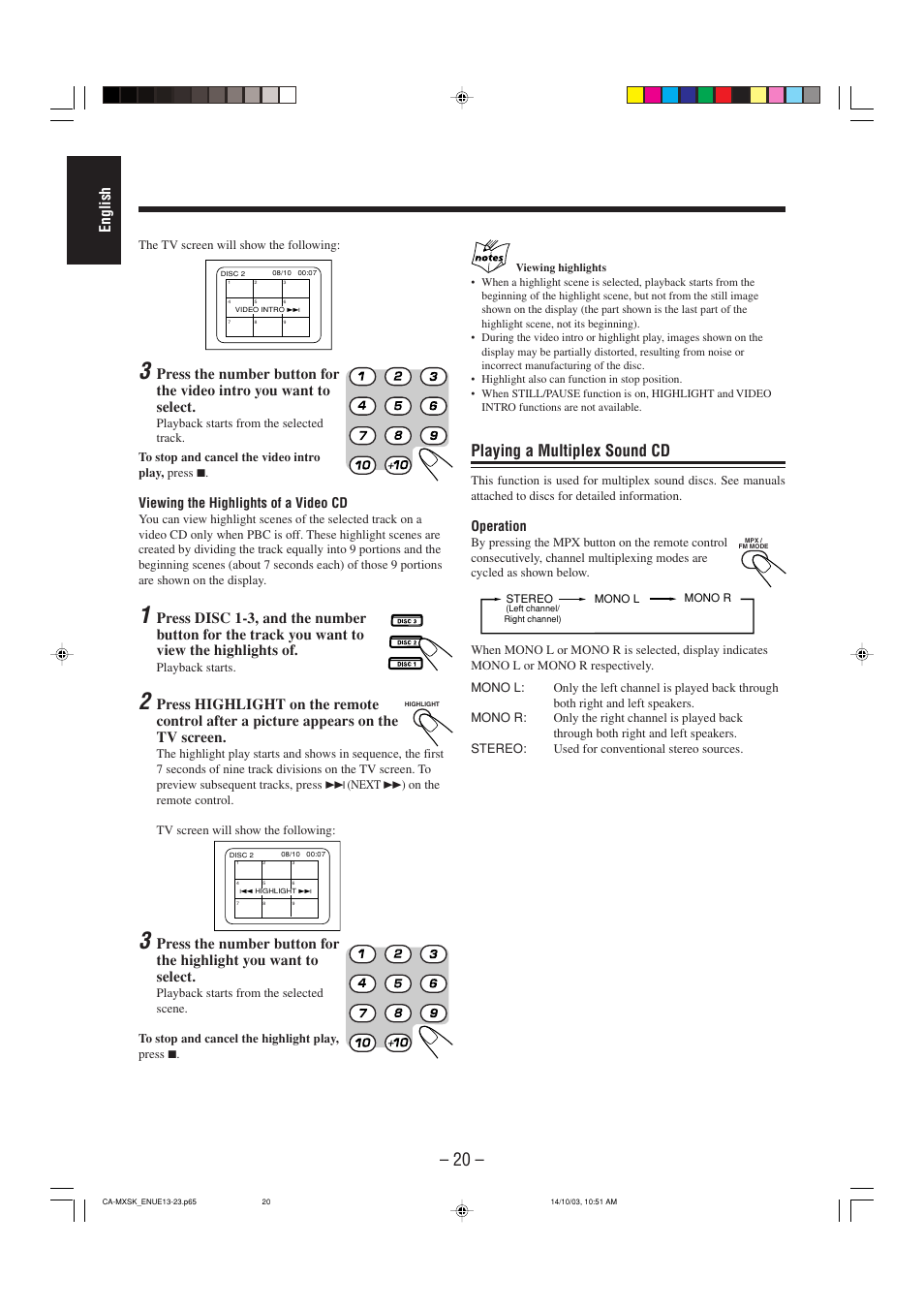 Playing a multiplex sound cd, English, Viewing the highlights of a video cd | Operation | JVC CA-MXSK1 User Manual | Page 102 / 116