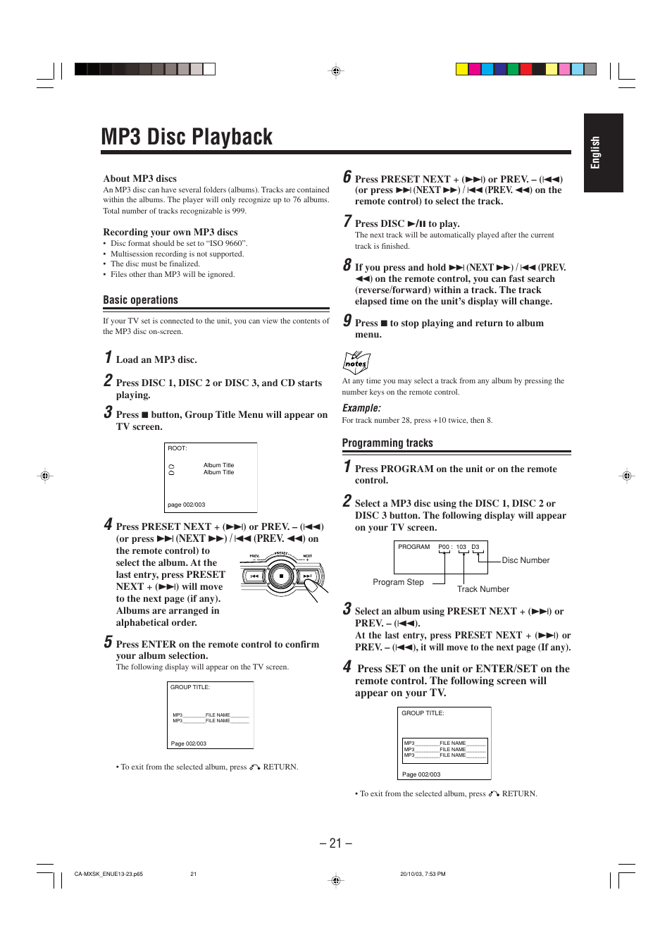 Mp3 disc playback | JVC CA-MXSK1 User Manual | Page 103 / 116