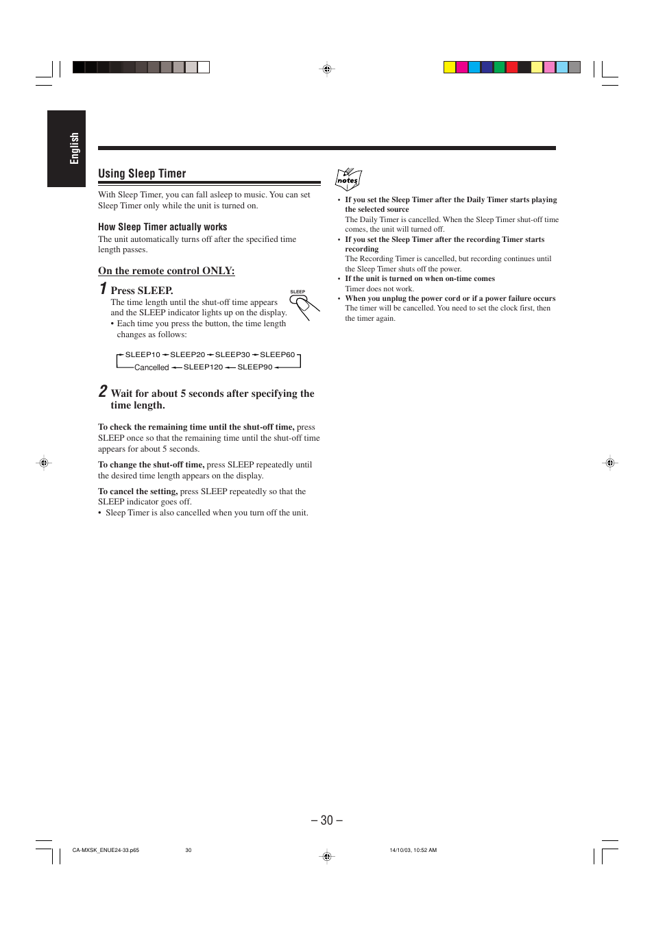 Using sleep timer, English, On the remote control only | Press sleep | JVC CA-MXSK1 User Manual | Page 112 / 116