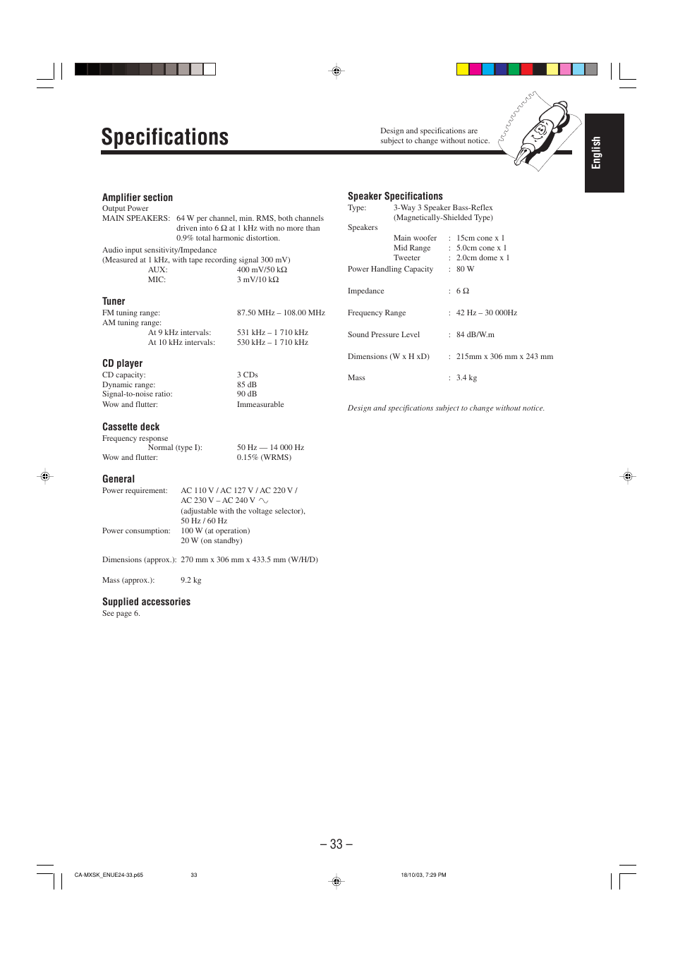 Specifications, English | JVC CA-MXSK1 User Manual | Page 115 / 116