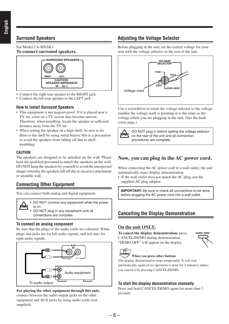 Now, you can plug in the ac power cord, Surround speakers, Connecting other equipment | Cancelling the display demonstration, Adjusting the voltage selector, English, On the unit only | JVC CA-MXSK1 User Manual | Page 12 / 116