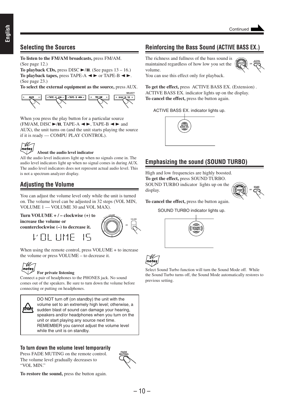 Selecting the sources, Adjusting the volume, Reinforcing the bass sound (active bass ex.) | Emphasizing the sound (sound turbo), English | JVC CA-MXSK1 User Manual | Page 14 / 116