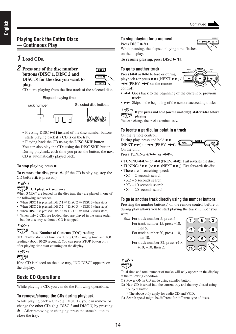 Playing back the entire discs — continuous play, Basic cd operations | JVC CA-MXSK1 User Manual | Page 18 / 116