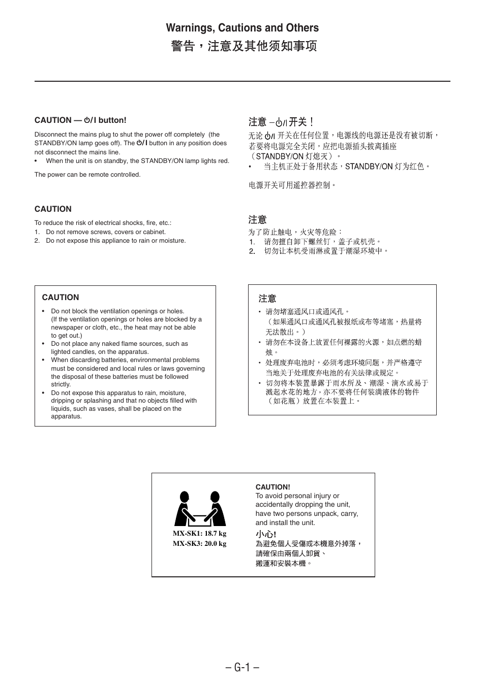 Warnings, cautions and others, Warnings, cautions and others – g-1 | JVC CA-MXSK1 User Manual | Page 2 / 116