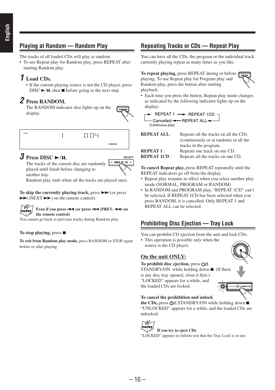 Playing at random — random play, Repeating tracks or cds — repeat play, Prohibiting disc ejection — tray lock | JVC CA-MXSK1 User Manual | Page 20 / 116