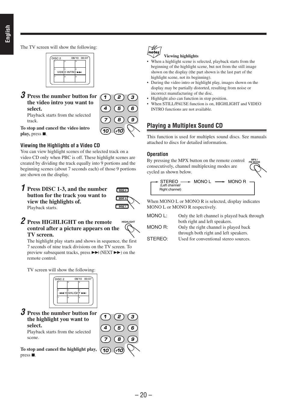 Playing a multiplex sound cd, English, Viewing the highlights of a video cd | Operation | JVC CA-MXSK1 User Manual | Page 24 / 116