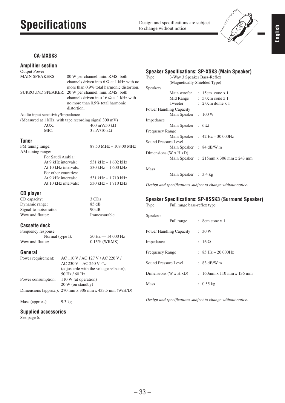 Specifications, English | JVC CA-MXSK1 User Manual | Page 37 / 116