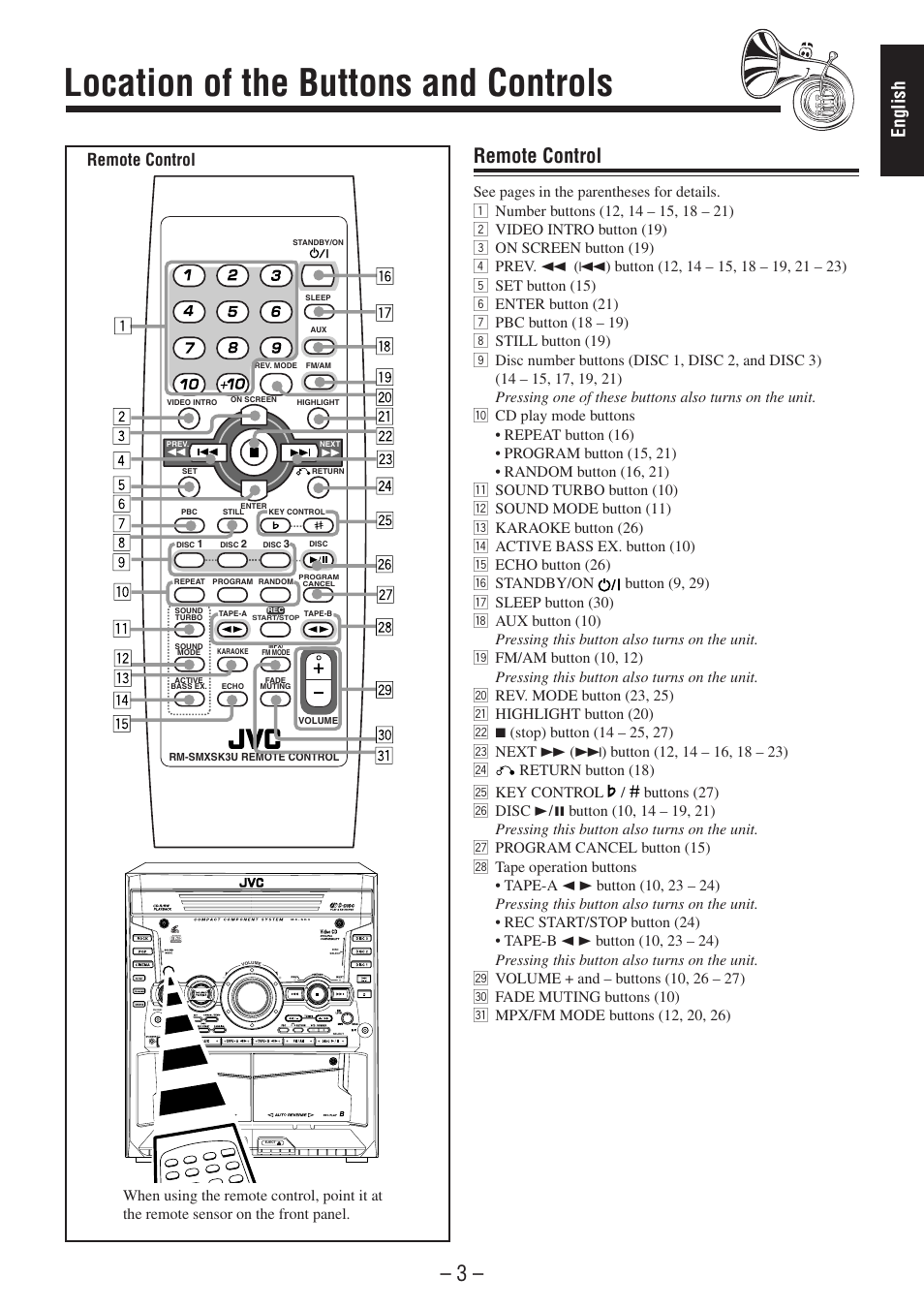 Location of the buttons and controls, English, Remote control | JVC CA-MXSK1 User Manual | Page 46 / 116