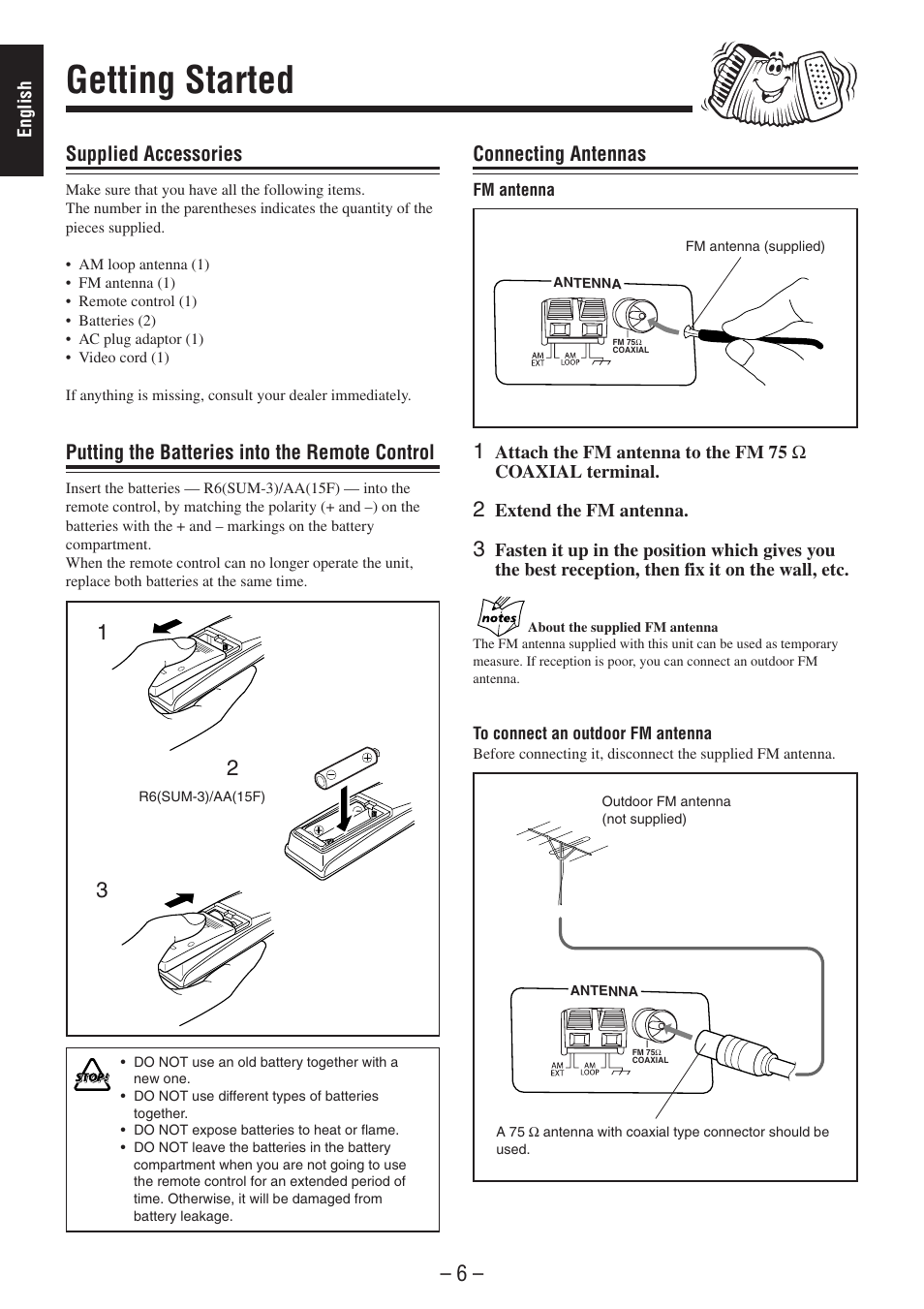 Getting started, Supplied accessories, Putting the batteries into the remote control | Connecting antennas | JVC CA-MXSK1 User Manual | Page 49 / 116