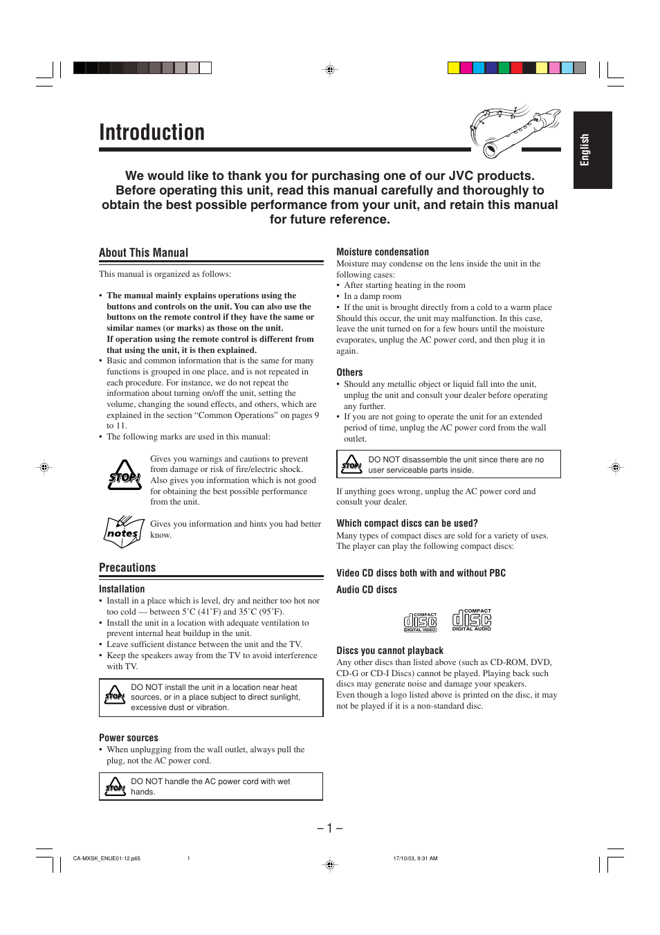 Introduction, About this manual, Precautions | JVC CA-MXSK1 User Manual | Page 83 / 116