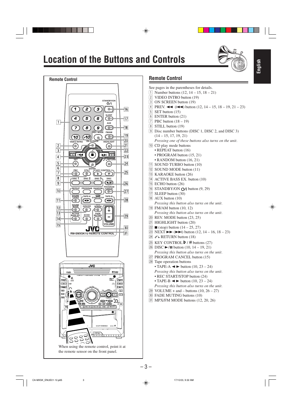 Location of the buttons and controls, English, Remote control | JVC CA-MXSK1 User Manual | Page 85 / 116