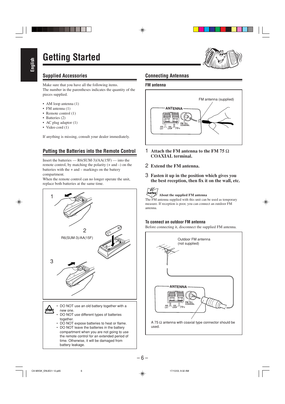 Getting started, Supplied accessories, Putting the batteries into the remote control | Connecting antennas | JVC CA-MXSK1 User Manual | Page 88 / 116