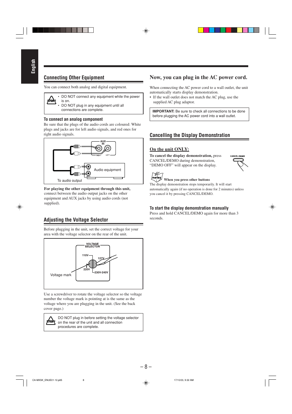 Now, you can plug in the ac power cord, Connecting other equipment, Adjusting the voltage selector | Cancelling the display demonstration, English, On the unit only | JVC CA-MXSK1 User Manual | Page 90 / 116
