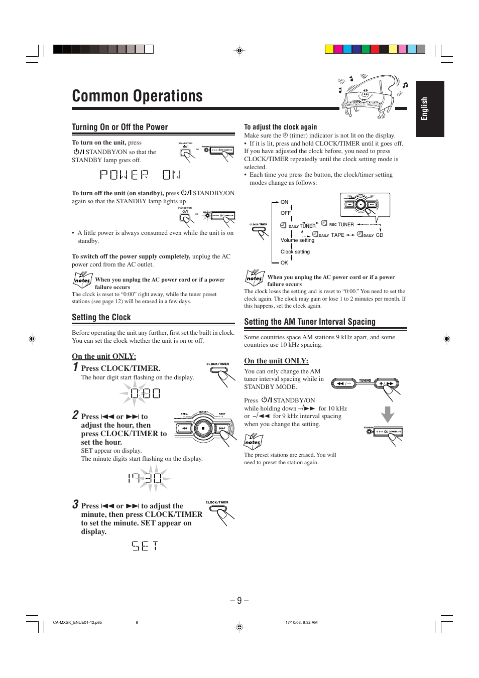 Common operations, Turning on or off the power, Setting the clock | Setting the am tuner interval spacing | JVC CA-MXSK1 User Manual | Page 91 / 116