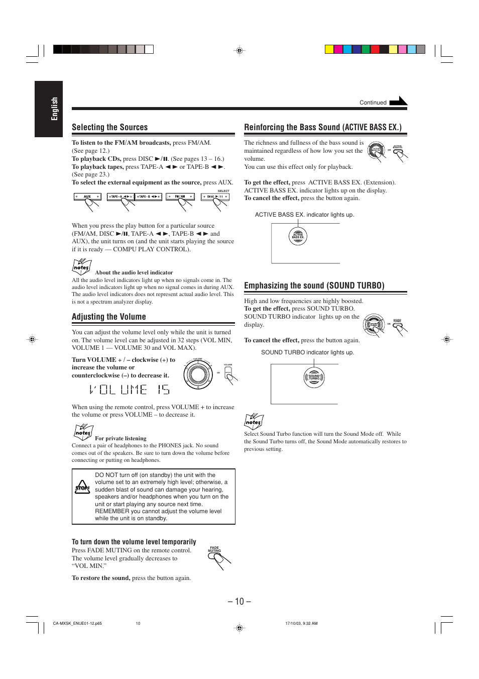 Selecting the sources, Adjusting the volume, Reinforcing the bass sound (active bass ex.) | Emphasizing the sound (sound turbo), English | JVC CA-MXSK1 User Manual | Page 92 / 116