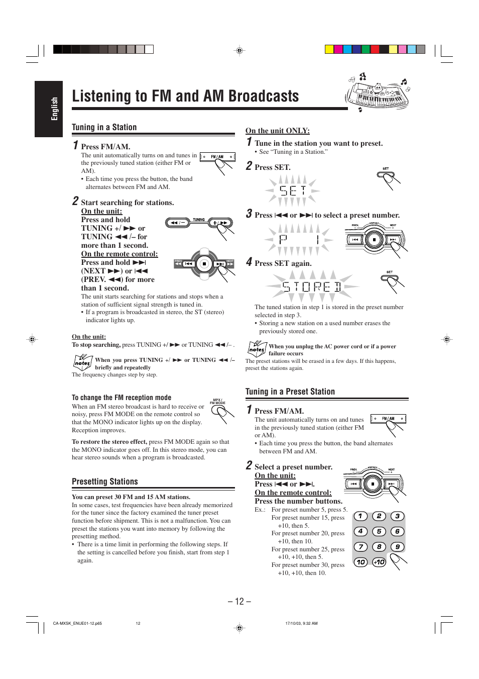 Listening to fm and am broadcasts | JVC CA-MXSK1 User Manual | Page 94 / 116