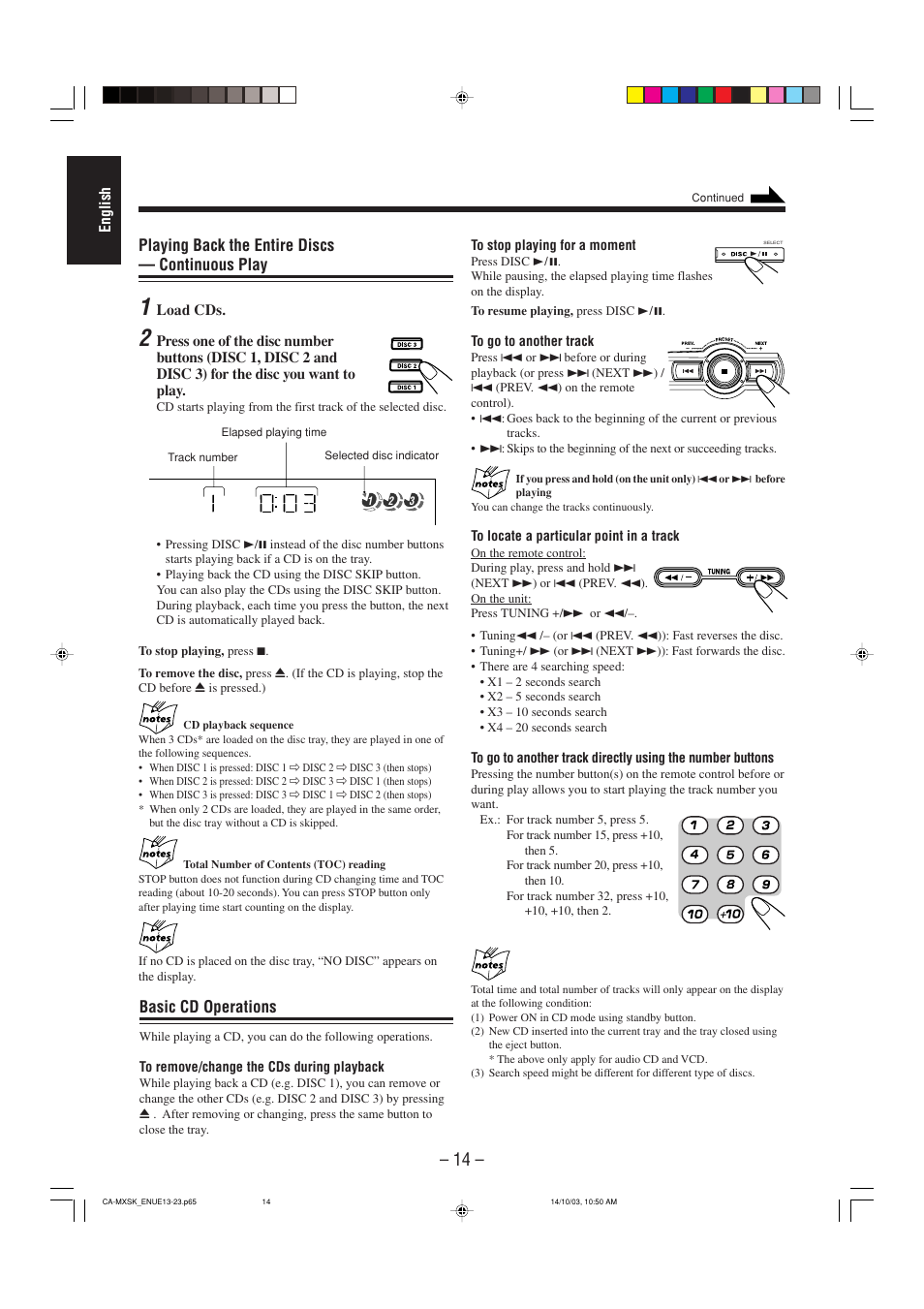 Playing back the entire discs — continuous play, Basic cd operations | JVC CA-MXSK1 User Manual | Page 96 / 116