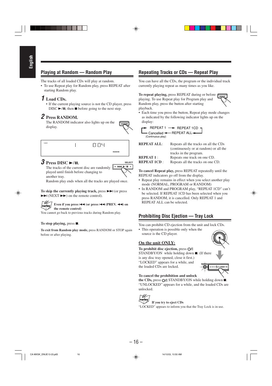 Playing at random — random play, Repeating tracks or cds — repeat play, Prohibiting disc ejection — tray lock | JVC CA-MXSK1 User Manual | Page 98 / 116