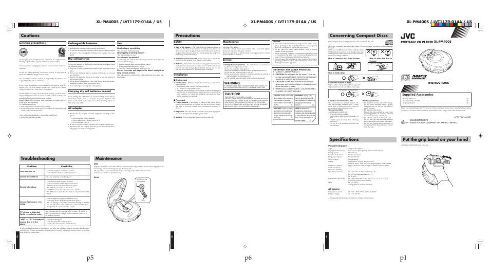 Xl-pm400s, Concerning compact discs, Specifications | Put the grip band on your hand, Cautions, Troubleshooting, Maintenance, Precautions, P6 p1 p5, Specifications cautions | JVC 0504SKMCREORI User Manual | Page 3 / 4