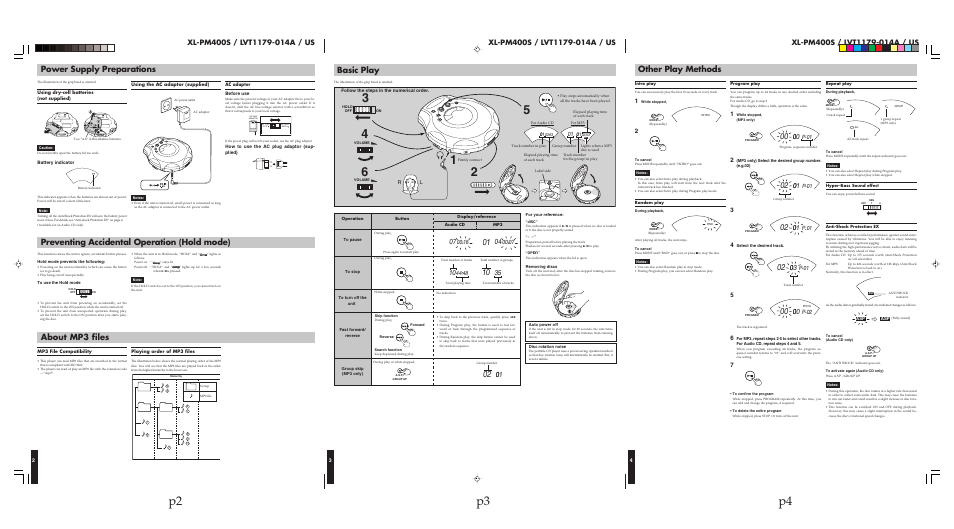 Power supply preparations, Preventing accidental operation (hold mode), About mp3 files | Basic play, Other play methods, P3 p4 p2 | JVC 0504SKMCREORI User Manual | Page 4 / 4