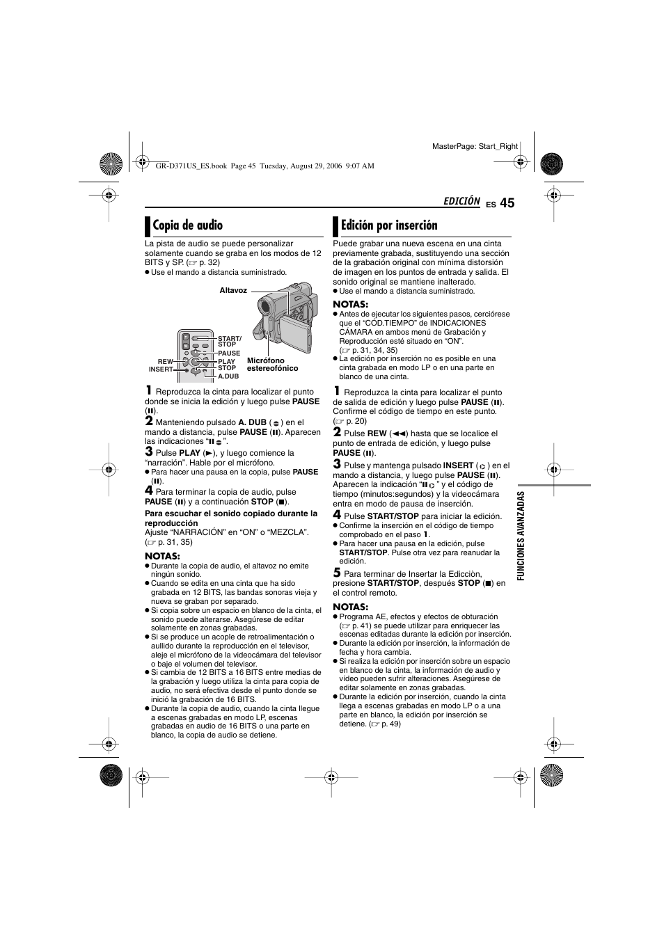 Copia de audio, Edición por inserción, Copia de audio edición por inserción | P. 45), Dub (copia de audio), La copia de audio, P. 45) y la edici, P. 45) son posib | JVC GR-D371U User Manual | Page 101 / 112