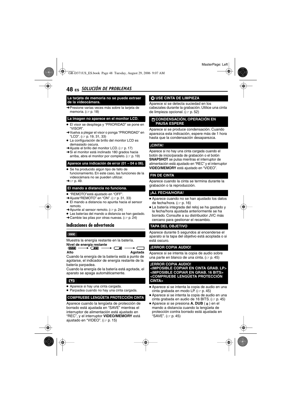 Indicaciones de advertencia | JVC GR-D371U User Manual | Page 104 / 112