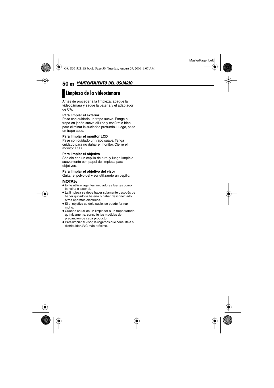 Limpieza de la videocámara, Mantenimiento del usuario, User maintenance | P. 50) | JVC GR-D371U User Manual | Page 106 / 112