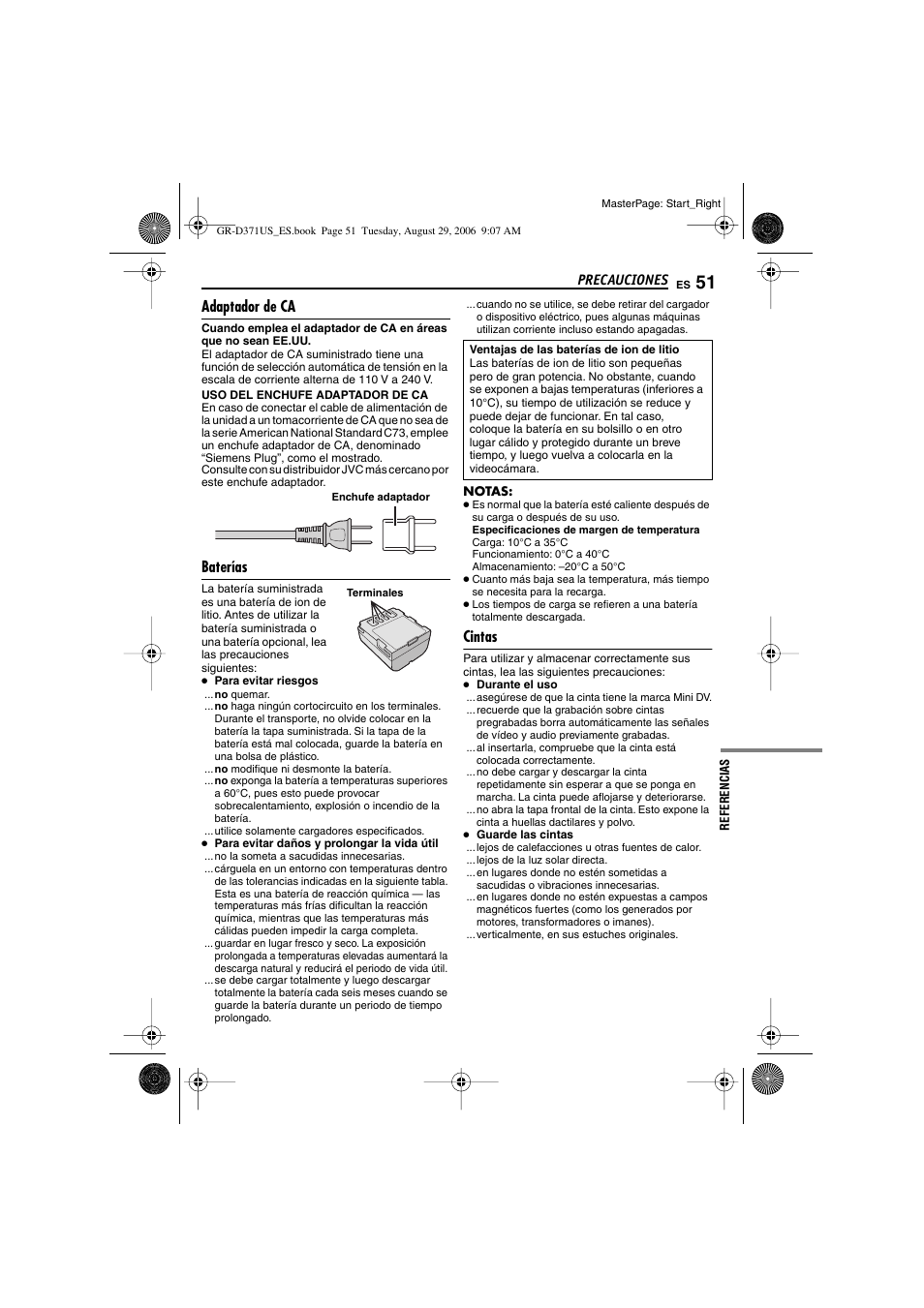 Precauciones, Adaptador de ca, Baterías | Cintas, Referencias, P. 51) | JVC GR-D371U User Manual | Page 107 / 112