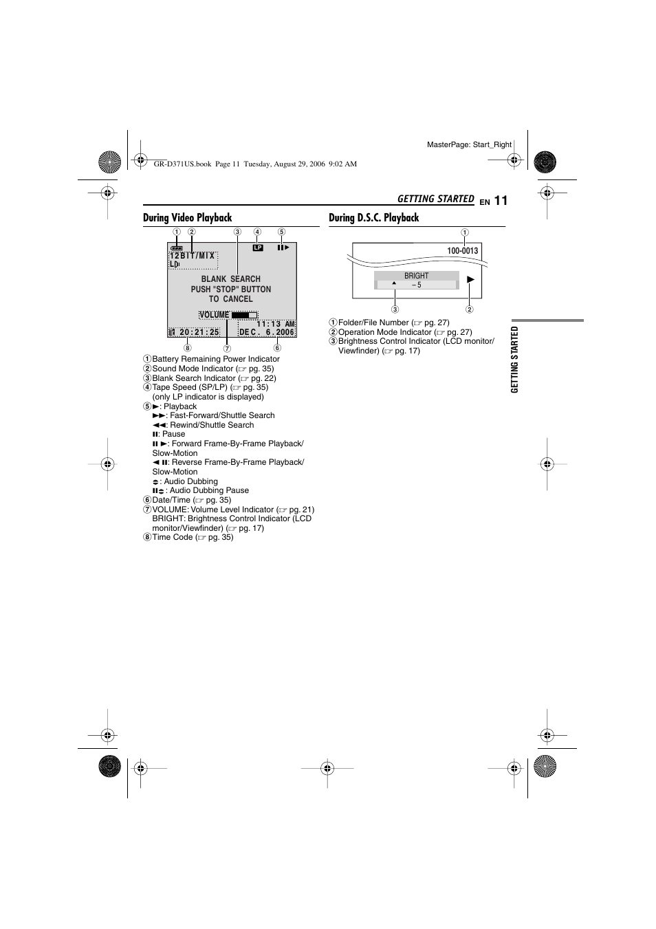 During video playback, During d.s.c. playback | JVC GR-D371U User Manual | Page 11 / 112