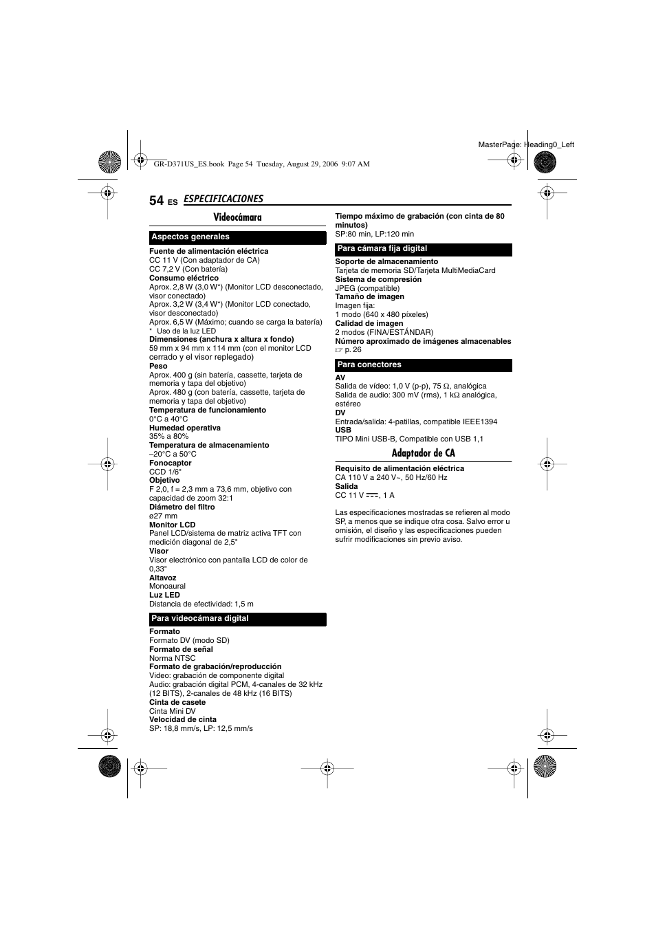 Especificaciones, Videocámara, Adaptador de ca | JVC GR-D371U User Manual | Page 110 / 112