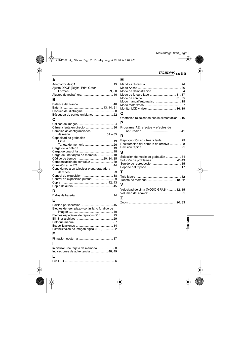 Términos | JVC GR-D371U User Manual | Page 111 / 112