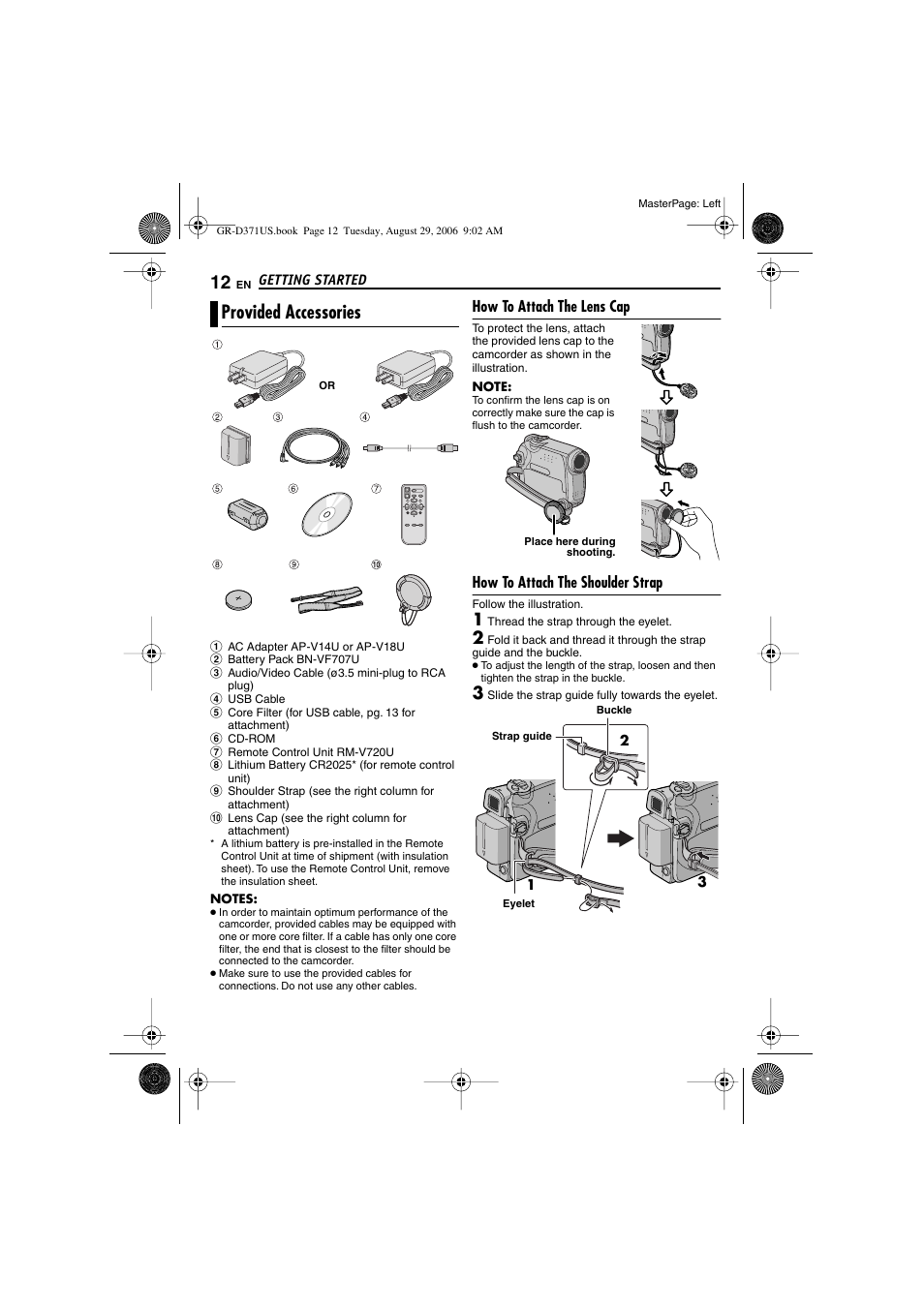 Provided accessories, How to attach the lens cap, How to attach the shoulder strap | Elet (੬ pg. 12) | JVC GR-D371U User Manual | Page 12 / 112