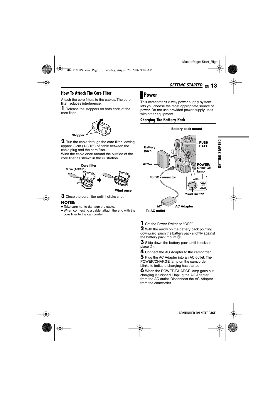 How to attach the core filter, Power, Charging the battery pack | Pg. 13), Dc input connector [dc, Wer/charge lamp (੬ pg. 13, 19), Mount (੬ pg. 13) | JVC GR-D371U User Manual | Page 13 / 112