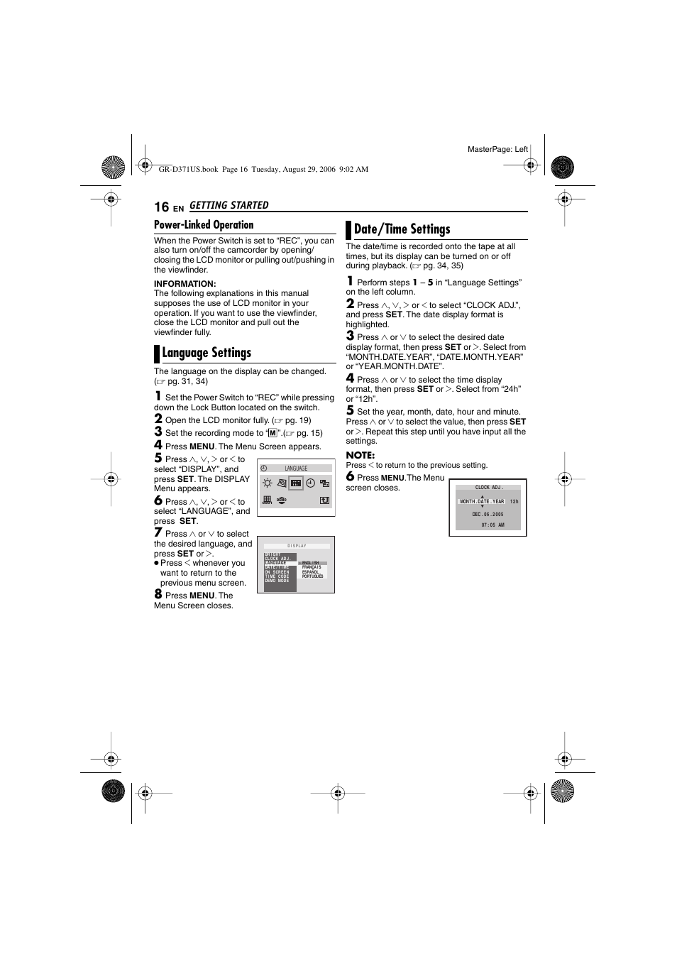 Power-linked operation, Language settings, Date/time settings | 16 date/time settings, Set button [set, Pg. 16), Date, Getting started | JVC GR-D371U User Manual | Page 16 / 112