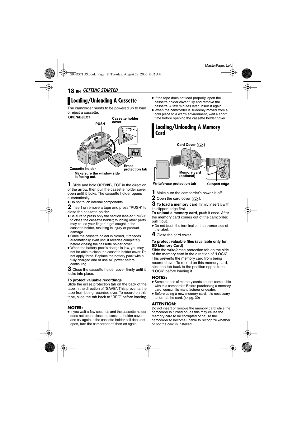 Loading/unloading a cassette, Loading/unloading a memory card, 18 loading/unloading a memory card | Pg. 18), Er (੬ pg. 18) | JVC GR-D371U User Manual | Page 18 / 112