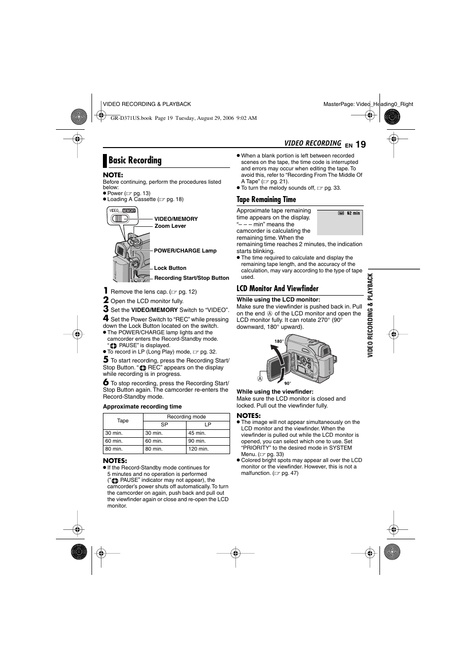 Video recording, Basic recording, Tape remaining time | Lcd monitor and viewfinder, 19 lcd monitor and viewfinder, T/stop button, Pg. 19), Lcd monitor (੬ pg. 19, 20), Ape running indicator, Time | JVC GR-D371U User Manual | Page 19 / 112