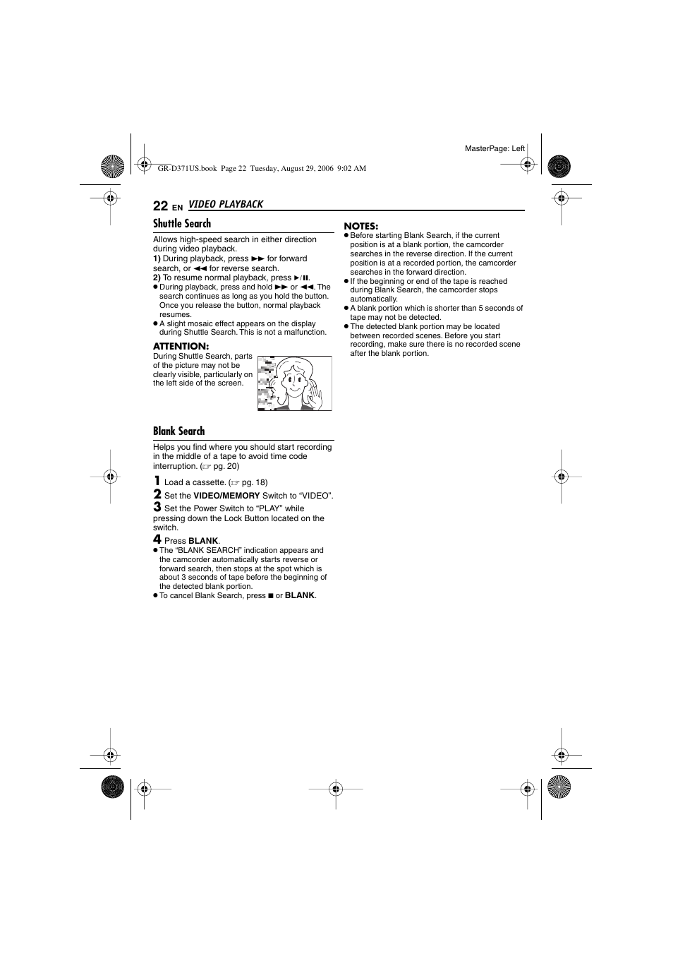 Shuttle search, Blank search, 22 blank search | Blank search [blank, Pg. 22), Blank search indicator | JVC GR-D371U User Manual | Page 22 / 112