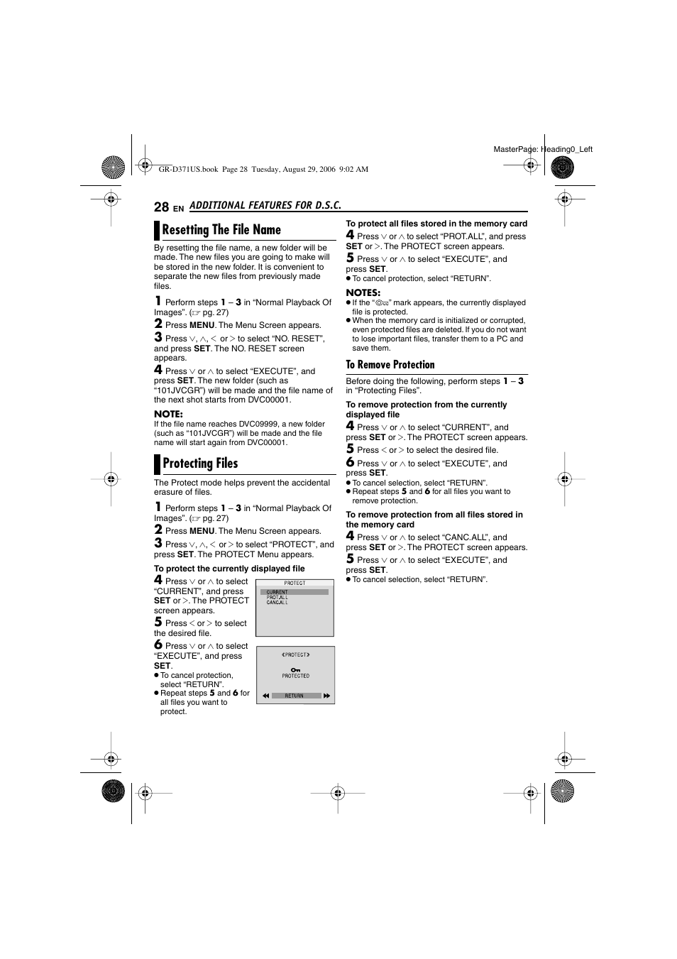 Additional features for d.s.c, Resetting the file name, Protecting files | To remove protection, 28 protecting files, Resetting the file name protecting files | JVC GR-D371U User Manual | Page 28 / 112