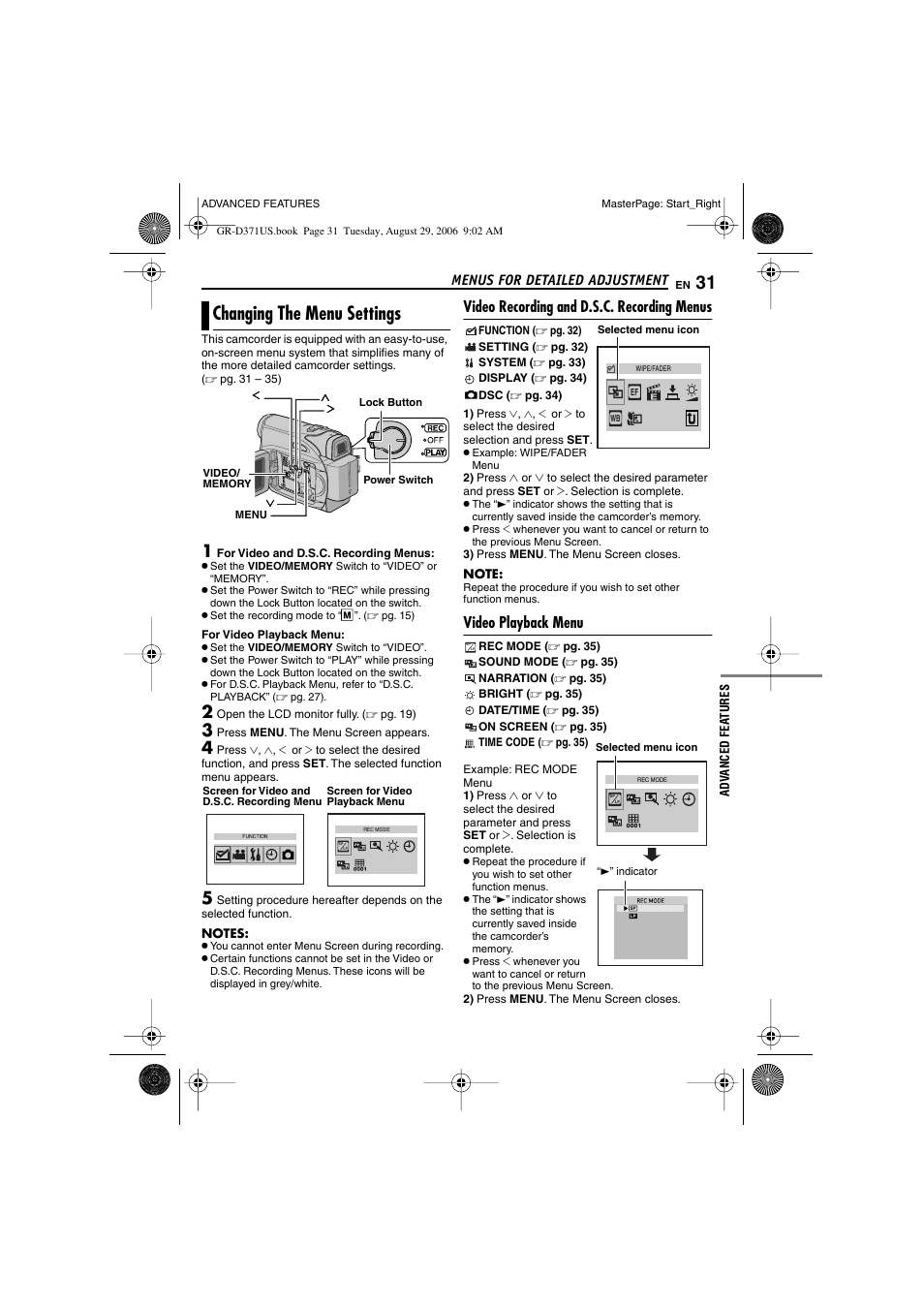 Menus for detailed adjustment, Changing the menu settings, Video recording and d.s.c. recording menus | Video playback menu, Pg. 31, 34), Advanced features, U button [menu, Pg. 31), W button, Pg. 31, 36) | JVC GR-D371U User Manual | Page 31 / 112