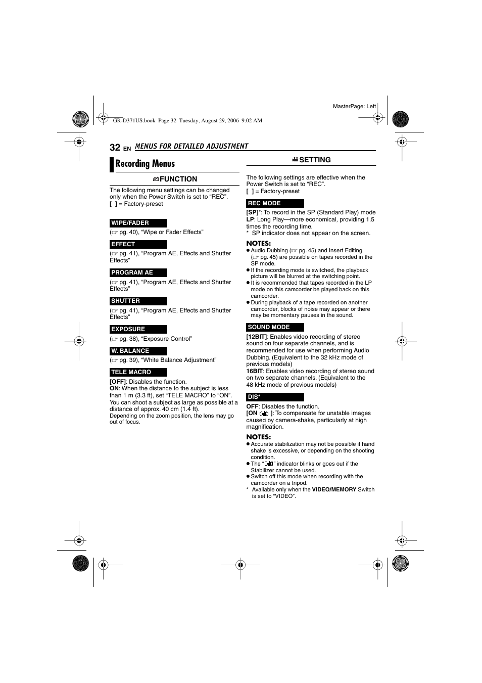 Recording menus, Pg. 32), Er (“dis”) | Pg. 32) (appears f | JVC GR-D371U User Manual | Page 32 / 112