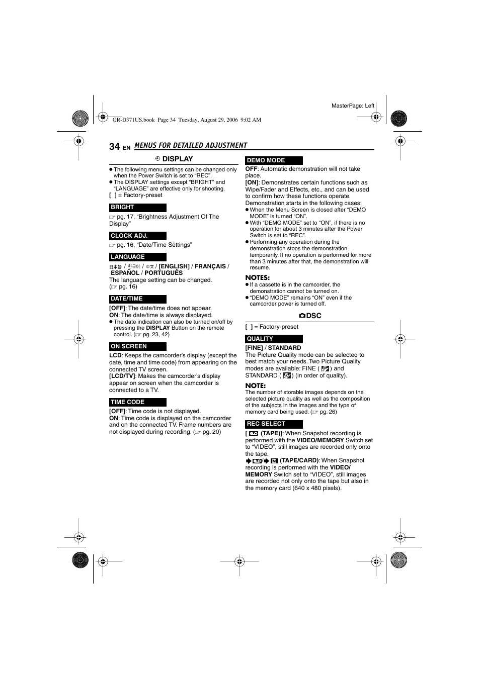 Date/time, Pg. 34), Time code | Ard) (in order of quality), Pg. 34), still images are recorded both on, Pg. 34, 35) | JVC GR-D371U User Manual | Page 34 / 112