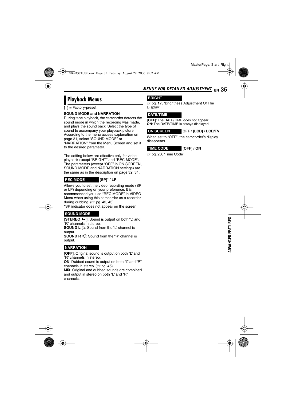 Playback menus, Sound mode indicator, Pg. 35) | Ape speed (sp/lp), Date/time, Time code | JVC GR-D371U User Manual | Page 35 / 112